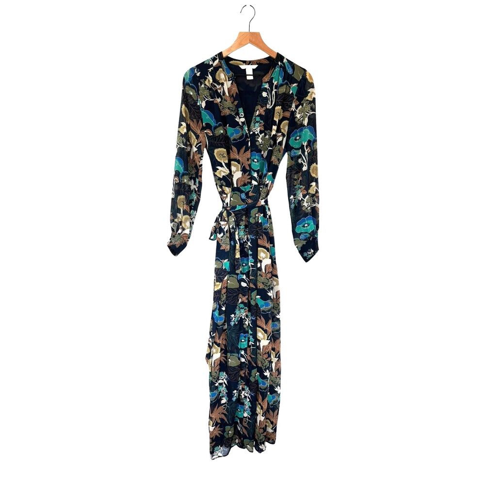 H&M Conscious Floral Long Sleeve Maxi Dress Navy Blue Earth Tones Size 10